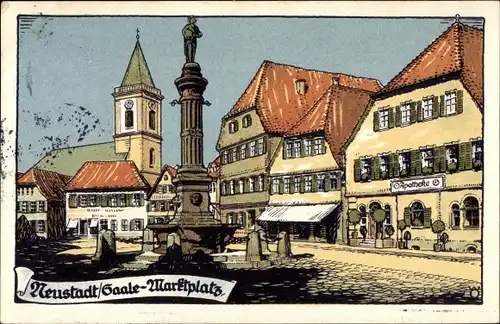 Steindruck Ak Bad Neustadt an der Saale Unterfranken, Marktplatz, Säule, Apotheke, Kirche