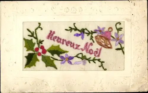 Stoff Ak Glückwunsch Weihnachten, Stechpalme, Glocke, Blumen