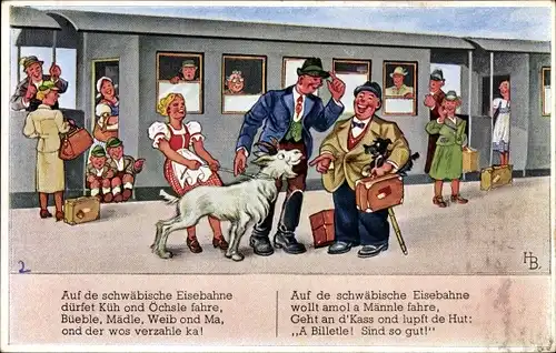 Künstler Ak Reisende auf dem Bahnsteig, Eisenbahn, Gepäck, Auf de schwäbische Eisebahne...
