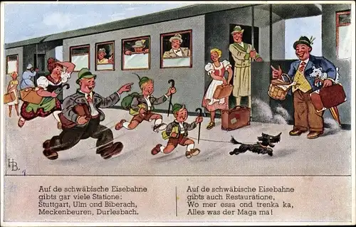 Künstler Ak Reisende auf dem Bahnsteig, Eisenbahn, Gepäck, Auf de schwäbische Eisebahne...