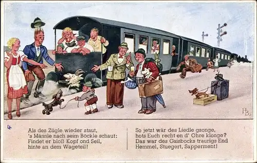Künstler Ak Reisende auf dem Bahnsteig, Eisenbahn, Gepäck, Als das Zügle wieder staut...