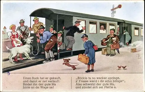 Künstler Ak Reisende auf dem Bahnsteig, Eisenbahn, Gepäck, Einen Bock hat er gekauft...