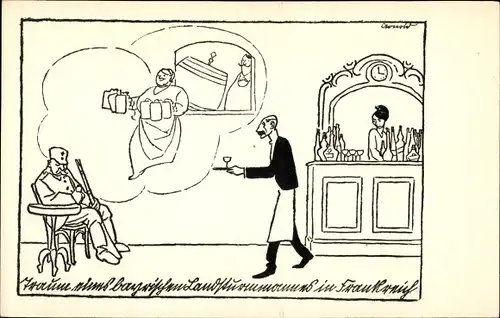 Künstler Ak Arnold, K., Soldat von Bier träumend, Kellner, Bar, Weinglas