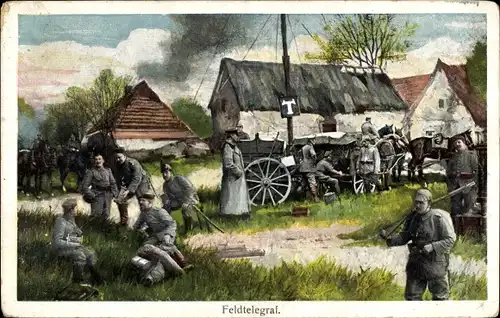 Ak Feldtelegraf, Deutsche Soldaten in einem Dorf, Fuhrwerk, I. WK