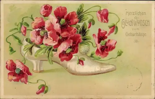 Präge Ak Glückwunsch Geburtstag, Blumen in einem Schuh