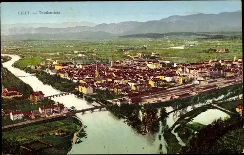 Ak Celje Cilli Slowenien, Totalansicht der Ortschaft, Bahnhof, Brücken