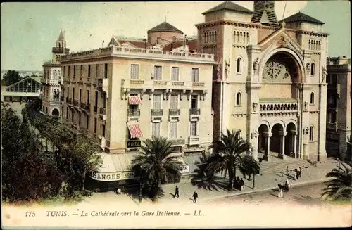 Ak Tunis Tunesien, La Cathedrale vers la Gare Italienne, Palmen