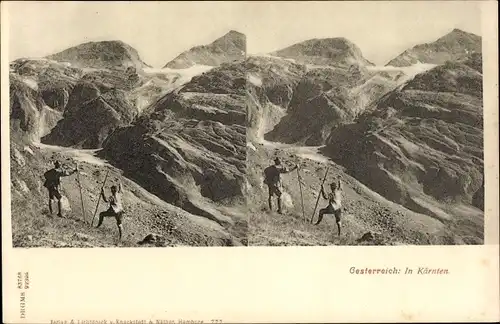 Stereo Ak Kärnten Österreich, Wanderer, Gebirgspanorama