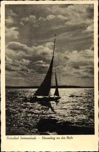 Ak Świnoujście Swinemünde Pommern, Stimmung an der Mole, Segelboot