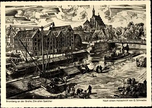 Künstler Ak Schmedes, Bydgoszcz Bromberg Westpreußen, Die alten Speicher an der Brahe