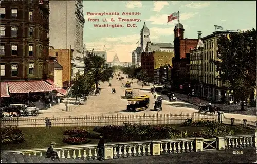Ak Washington DC USA, Pennsylvania Avenue from U. S. Treasury, Straßenbahn