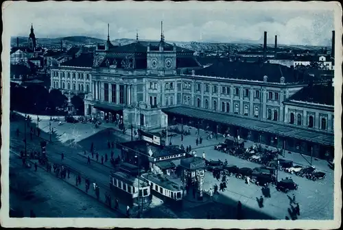 Ak Brno Brünn Südmähren, Bahnhof, Straßenbahn