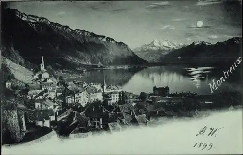 Mondschein Ak Montreux Kanton Waadt Schweiz, Panorama
