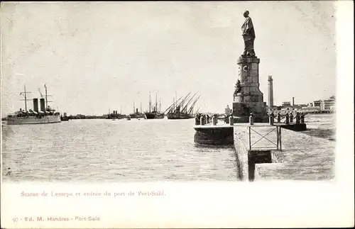 Ak Port Said Ägypten, Statue de Lesseps et entree du port, Dampfer, Kriegsschiffe