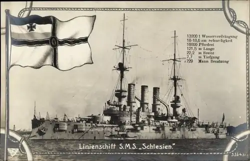 Passepartout Ak Deutsches Kriegsschiff, SMS Schlesien, Linienschiff, Kaiserliche Marine, Fahne