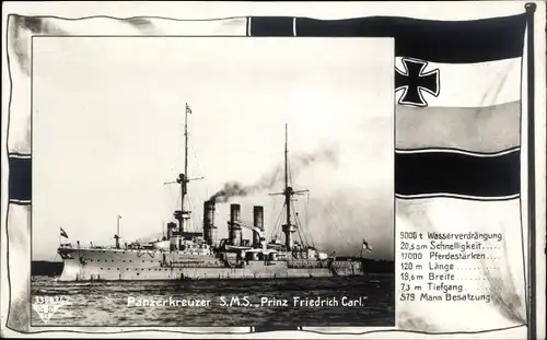 Passepartout Ak Deutsches Kriegsschiff, SMS Prinz Friedrich Carl, Großer Kreuzer, Fahne