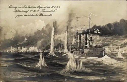 Künstler Ak Deutsches Kriegsschiff, SMS Frauenlob, Kleiner Kreuzer, Skagerrakschlacht, I WK