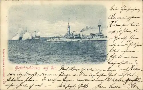 Ak Deutsche Kriegsschiffe, SMS Brandenburg Klasse, Linienschiffe beim Gefechtschießen