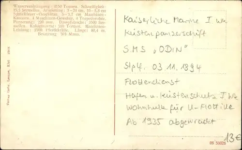 Ak Deutsches Kriegsschiff, SMS Odin, Küstenpanzerschiff