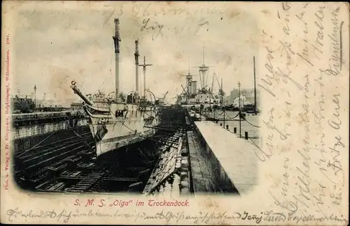 Ak Deutsches Kriegsschiff, SMS Olga, Glattdeckskorvette im Trockendock