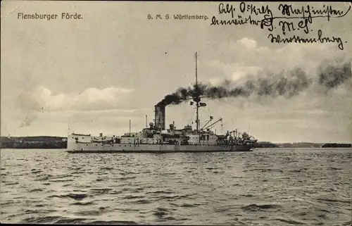 Ak Deutsches Kriegsschiff, SMS Württemberg, Panzerkorvette in der Flensburger Förde