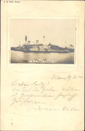 Präge Passepartout Foto Ak Deutsches Kriegsschiff, SMS Kaiser Friedrich III, Linienschiff