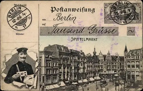 Passepartout Ak Berlin Mitte, Spittelmarkt, Postanweisung, Postbote