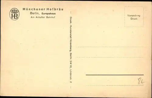 Ak Berlin Kreuzberg, Münchener Hofbräu, Europahaus