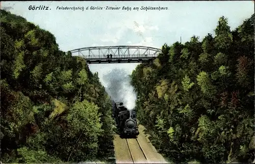 Ak Görlitz in der Lausitz, Felsdurchstich der Görlitz Zittauer Bahn am Schützenhaus, Dampflok