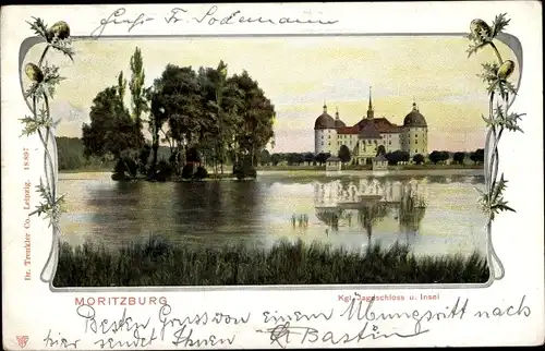 Jugendstil Ak Moritzburg in Sachsen, Ansicht vom Königlichen Jagdschloss und Insel