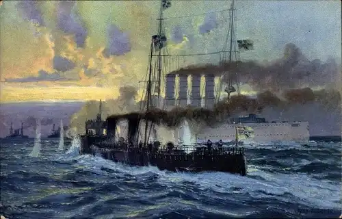 Künstler Ak Deutsches Kriegsschiff SMS Magdeburg und Torpedoboote, Ostsee, russische Flotte