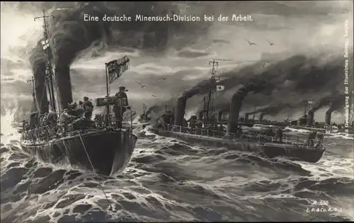 Ak Eine deutsche Minensuchdivision bei der Arbeit, Kriegsschiffe