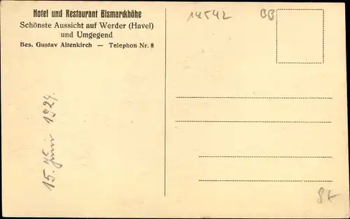 Ak Werder an der Havel, Totalansicht, Hotel Bismarckhöhe, Fliegeraufnahme