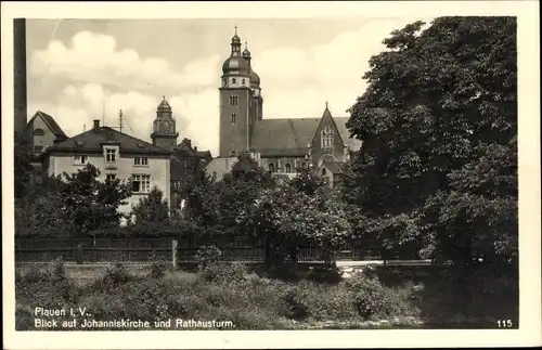 Ak Plauen im Vogtland, Blick auf Johanniskirche und Rathausturm