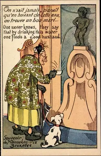 Ak Bruxelles Brüssel, Manneken Pis, alte Dame, Tasse, Hund