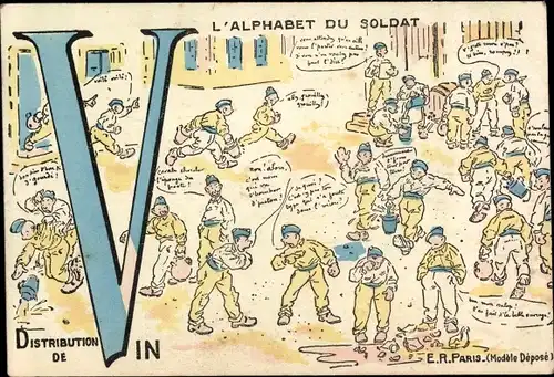 Buchstaben Ak V, Alphabet du Soldat, Distribution de Vin, französische Soldaten