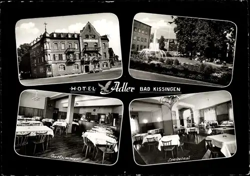 Ak Bad Kissingen Unterfranken Bayern, Hotel Adler, Innen- und Außenansicht, Brunnen