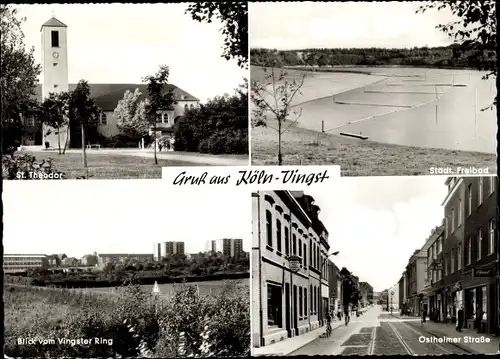 Ak Vingst Köln am Rhein, St. Theodor, Blick vom Vingster Ring, Ostheimer Straße, Freibad