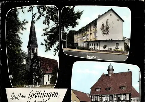 Ak Grötzingen Baden Württemberg, Evang. Kirche, Schulhaus