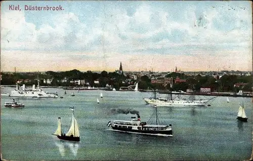 Ak Kiel in Schleswig Holstein, Düsternbrook, Hafenpartie, Totalansicht vom Ort, Dampfer, Seegelboote
