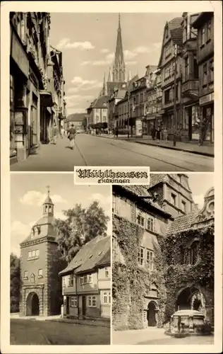 Ak Mühlhausen in Thüringen, Ortsansichten , Tor, Innenhof, Straßenpartie mit Kirche