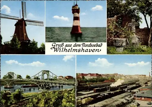 Ak Wilhelmshaven, Leuchtturm Roter Sand, Banter Ruine, Koppehörner Mühle, Bahnhof