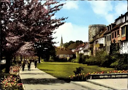 Ak Paderborn in Westfalen, Liboriberg, Wohnhäuser, Passanten, Kirchturm