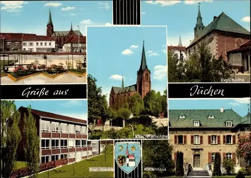 Ak Jüchen Nordrhein Westfalen, Marktplatz, Evgl. Kirche, Evgl. Schule, Katzenhaus, Pfarrkirche