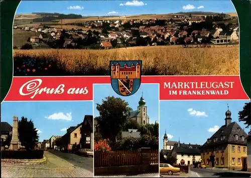 Ak Marktleugast Oberfranken, Panorama, Kirche, Rathaus, Wappen