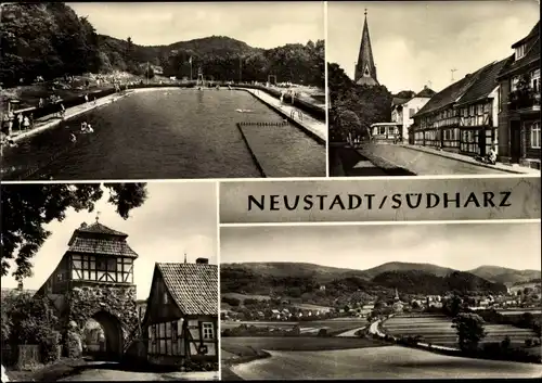 Ak Neustadt im Harz Harztor Thüringen, Schwimmbad, Kirche, Fachwerkhaus