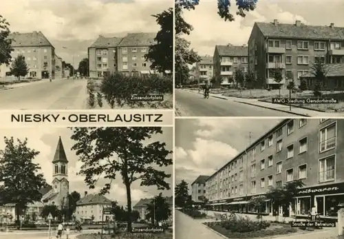 Ak Niesky in der Oberlausitz, Zinzendorfplatz, AWG Siedlung Gersdorfstr., Kirche, Str. d. Befreiung