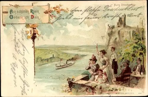 Litho Königswinter am Rhein, Drachenfels, Am schönen Rhein, Gedenk ich Dein, Terrasse