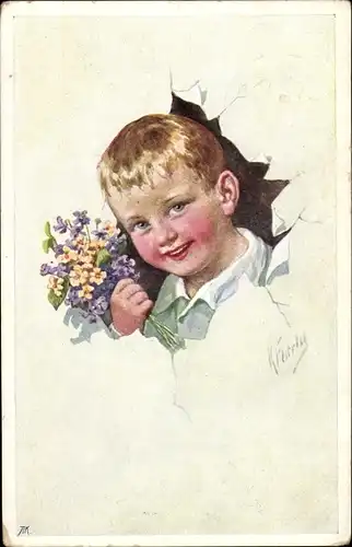 Künstler Ak Feiertag, Karl, Portrait eines Jungen, Blumenstrauß