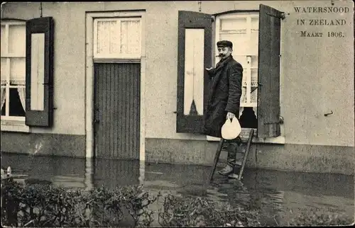 Ak Zeeland Niederlande, Watersnood 1906, Hochwasser, überschwemmtes Haus